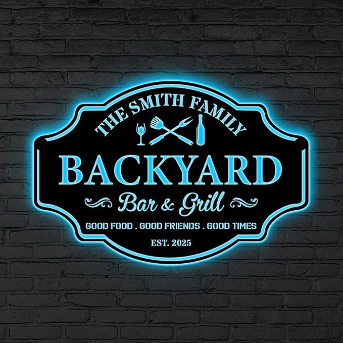 Custom Backyard Bar & Grill LED Sign – Personalized BBQ Sign, 16-Color LED with Remote Control, Barbecue Custom Led Sign, Bar Metal Wall Art, Grill Art Decor for Patio, Home, Kitchen