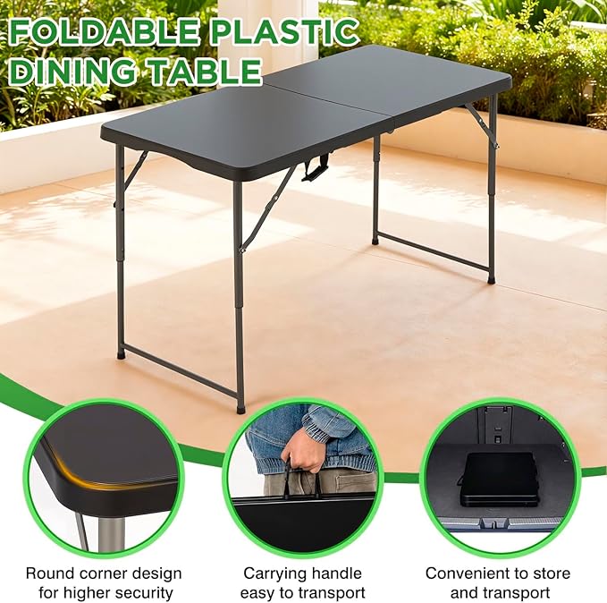 BestOffice 4 FT Picnic Table Folding Table Camping Plastic Table Fold Up Table Lock for Party Event, Black