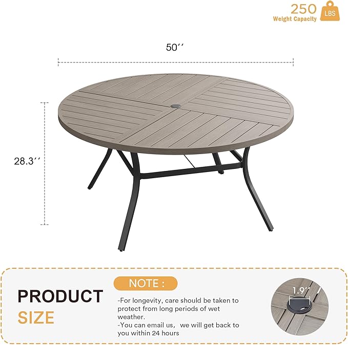 VICLLAX Round Patio Table with Adjustable Umbrella Hole for 6, All Weather Metal Outdoor Dining Table for Lawn Garden, 50" Outdoor Coffee Table, Grey Wood-Like Tabletop