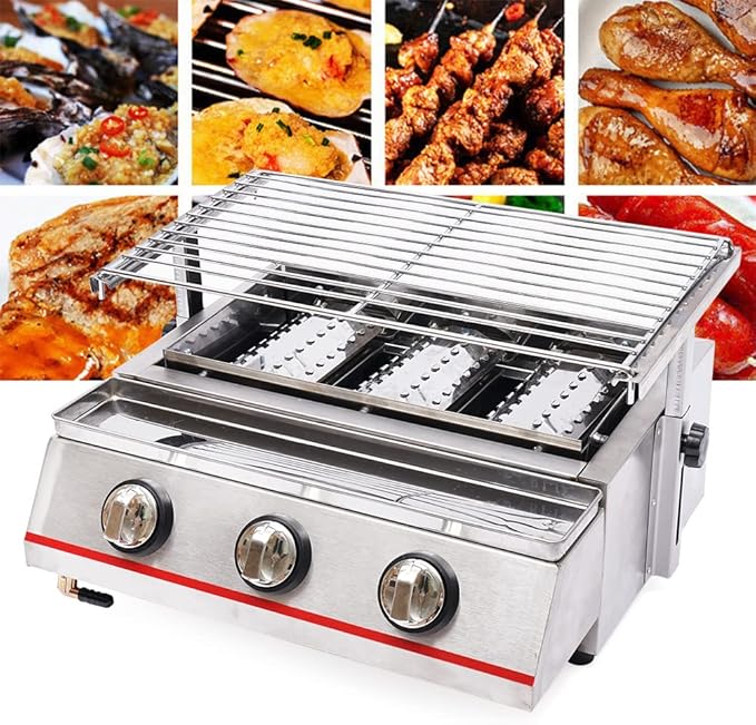 3-Burner Portable Gas Grill, Stainless Steel BBQ Gas Grill with Infrared Ceramic Heating, Portable Outdoor Grill for Camping Backyard, Adjustable Height & Oil Pan
