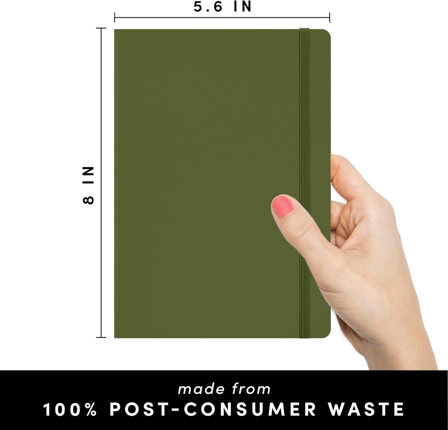 PAPERAGE Recycled Blank Journal Notebook, (Olive), 160 Pages, Medium 5.6 in x 8 in - 100 GSM Thick Paper – Hardcover Journaling Notebook for Work, School, Note Taking or Sketching