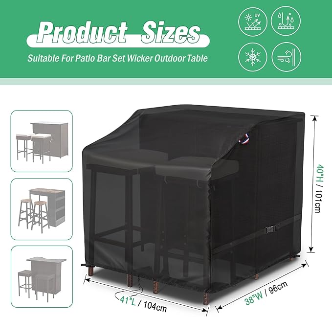 Outdoor Bar Set Cover for 3 Piece Patio Bar Set Wicker Outdoor Table, 41 Inch Waterproof Heavy Duty Patio Bar Set Cover - 41"L x 38"W x 40"H