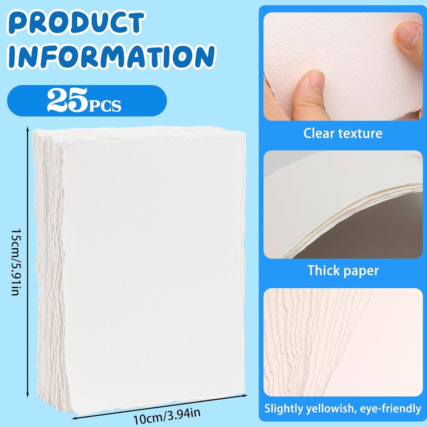 Lunarm Watercolor Paper 25 Sheets, Deckled Edge Paper 300 GSM 4 x 6 inch, Handmade Textured Cotton Paper for Wedding Invitation, Oil Pastel, Watercolor Painting and Cards, Crafts