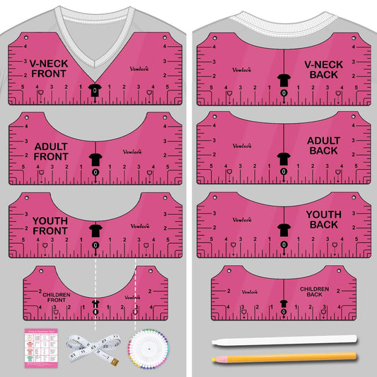 Vowlove Tshirt Ruler Guide for Vinyl Alignment: T Shirt Rulers to Center Designs, Tee Shirt Alignment Tools for Heat Press, Sewing Accessories HTV Heat Transfer Vinyl, V-Neck Front Back Measurement