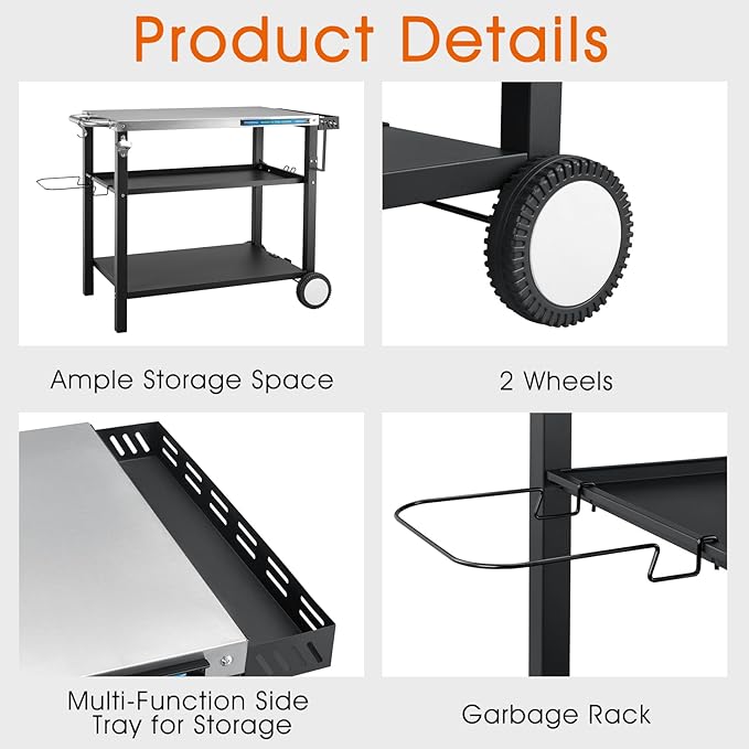 34" L x 20" W Stainless Steel Outdoor Grill Table, Grill Cart for Outside, Pizza Oven Table Stand with Magnetic Tool Holder, Wheels,Hooks, Side Tray &Handle