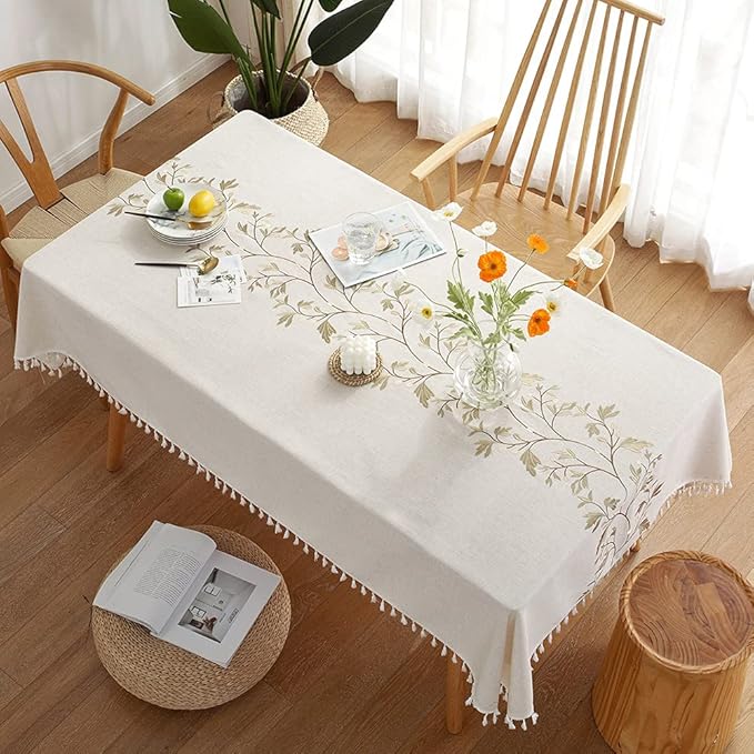 Pahajim Rustic Linen Tablecloth Cotton Waterproof Table Cloth for Kitchen Dining with Tassel Rectangle Tablecloths Rectangle/Oblong,55''x102'',8-10 Seats