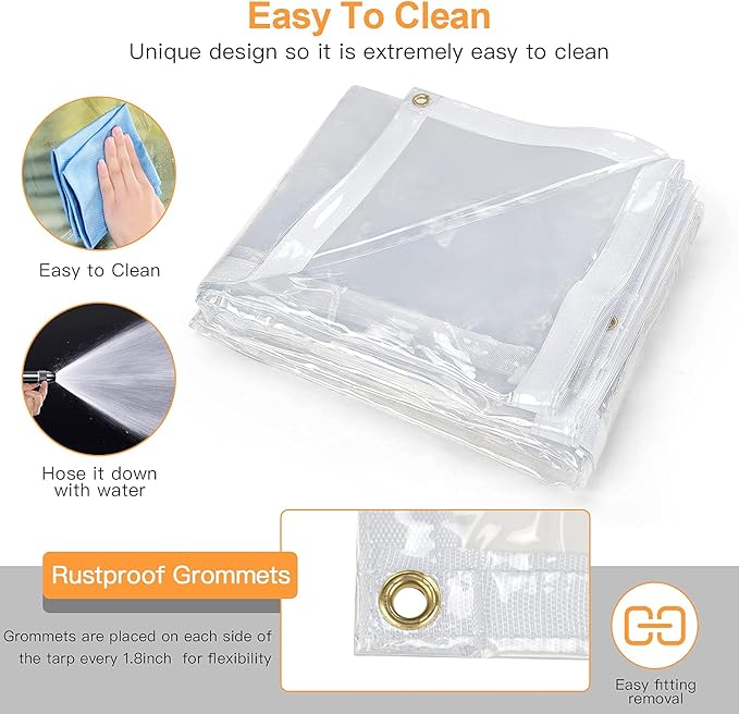 6 x 20FT Outdoor Clear Tarp Curtain Waterproof Wind-Proof 24 Mil Transparent Vinyl Tarp for Patio Pergola Garden Canopy Rainproof Anti-Tear PVC Thick Cover with Grommets