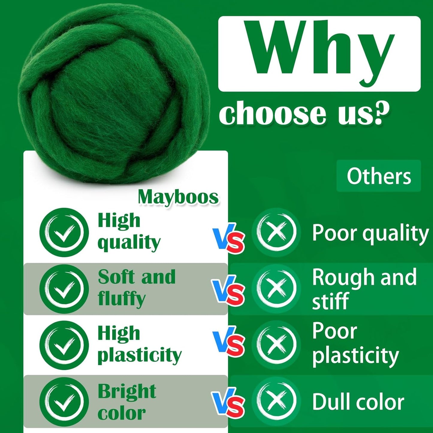 Mayboos Wool Roving Yarn, 1.76oz Colored Natural Wool Roving,Wool Felting Supplies Pure Wool Chunky Yarn for Wet Felting handcrafts and Spinning (Green Color)