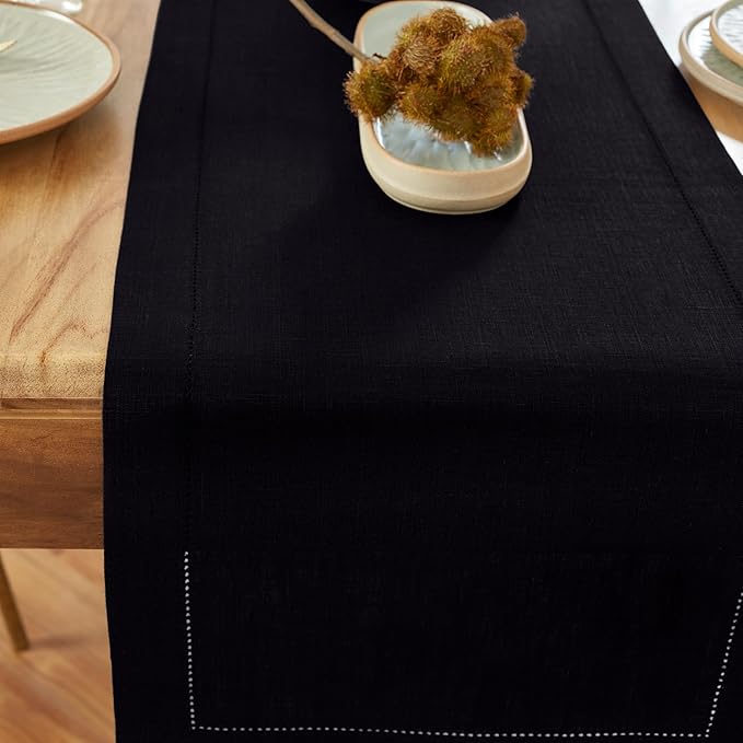 Solino Home Linen Black Table Runner 72 Inches Long - 100% Pure Linen Medium Weight Hemstitch Table Runner 14 x 72 Inch for Dresser, Dining, Winter