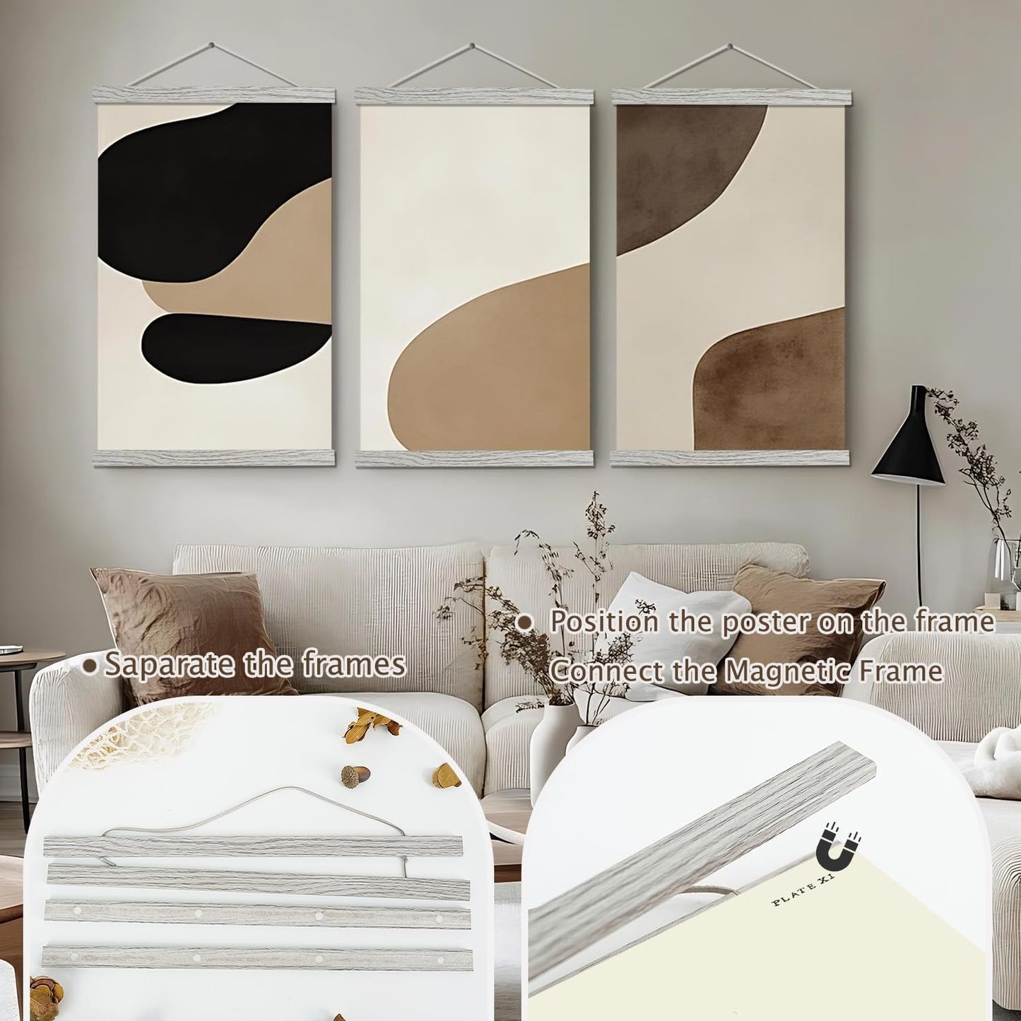 Artmag Magnetic Poster Hanger Frame, 25x20 25x35 25x40 Light Wood Wooden Magnet Canvas Artwork Print Poster Hangers Frames Hanging Kit (Grey, 25")