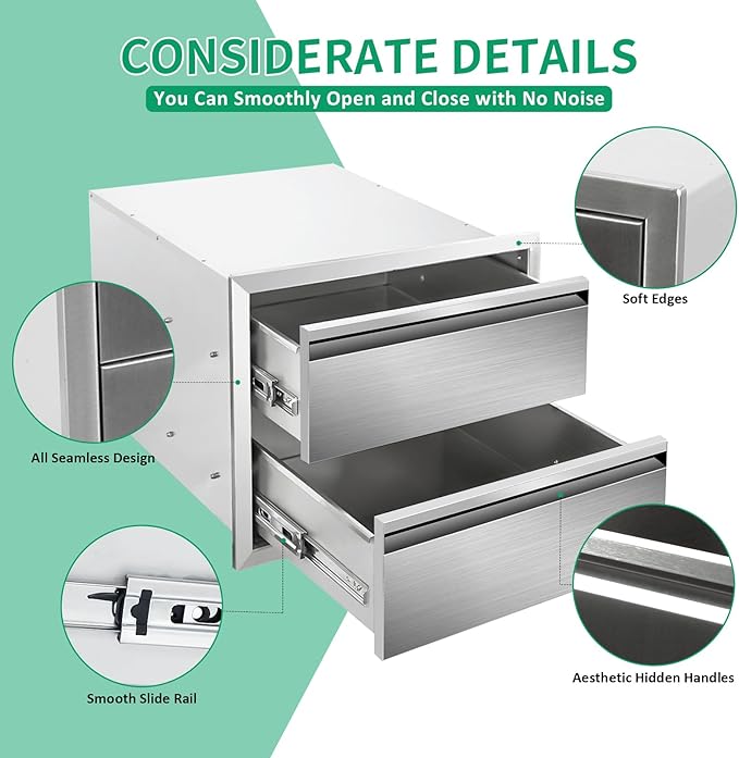 Outdoor Kitchen Drawers 18" W x 15" H x 23" D Stainless Steel Double Drawers with Hidden Handle for BBQ Island, Patio Grill Station & Outdoor Kitchen Cabinets