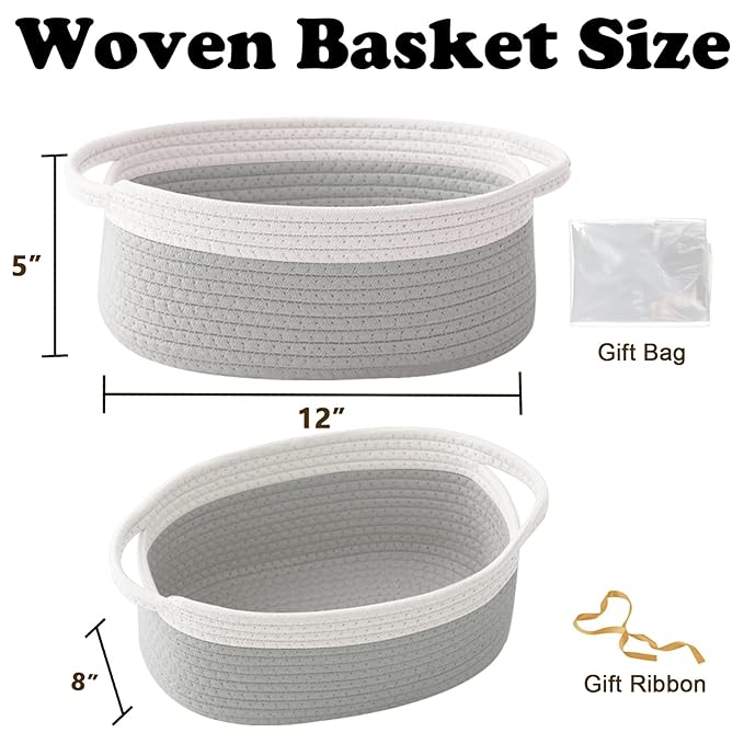 Gift Basket with Gift Bag and Ribbons,Small Rope Woven Shelf Storage,Baskets for Gifts Empty,Birthday,Baby Shower,Decorative Organizer Box with Handles(White&Grey)