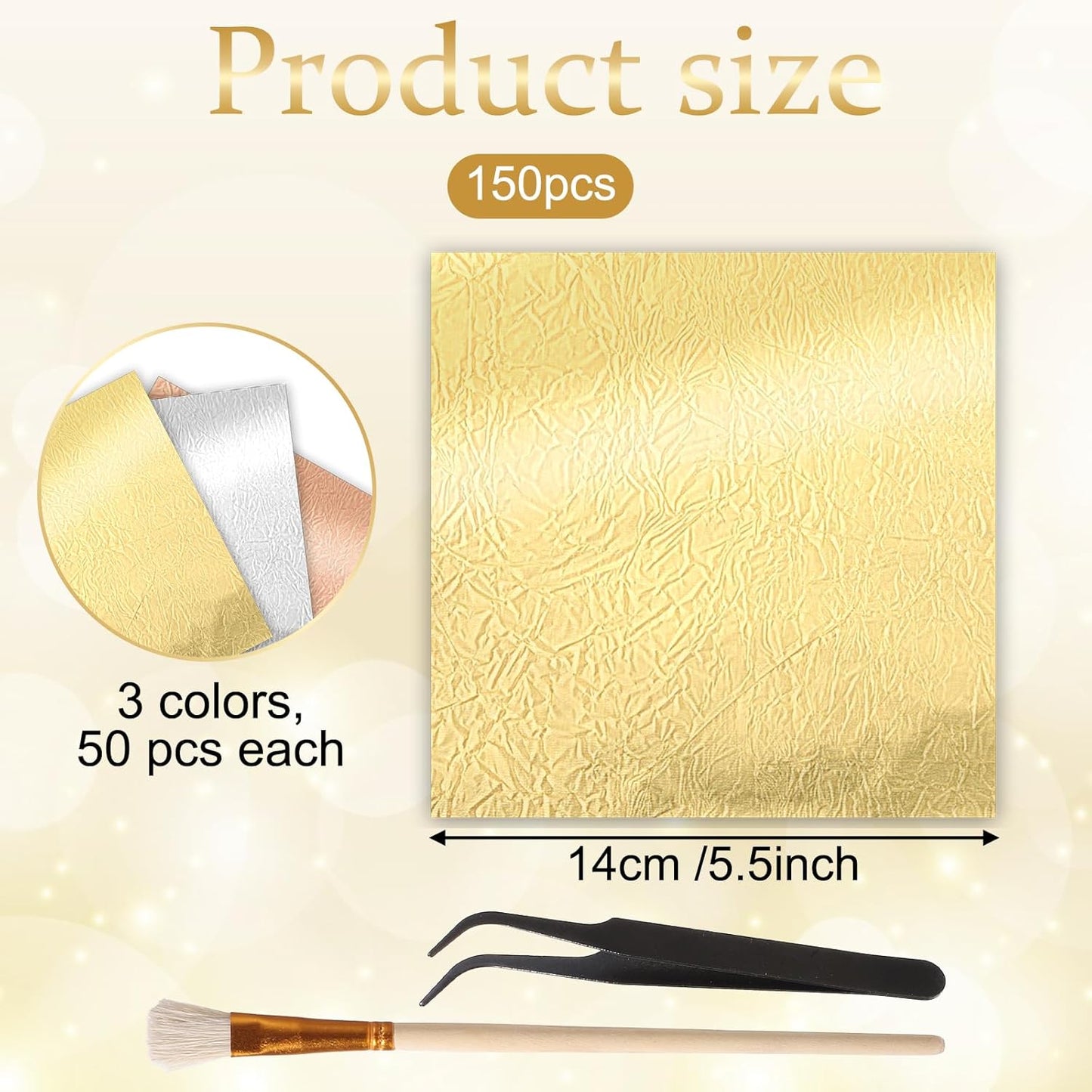 150 Pcs Gold Leaf Sheets for Art 3 Colors Gold Foil Sheets 5.5" X 5.5" Golden Flakes with Tweezer and Brush for Arts Gilding Crafting Painting Furniture Decoration Golden Silver Rosegold