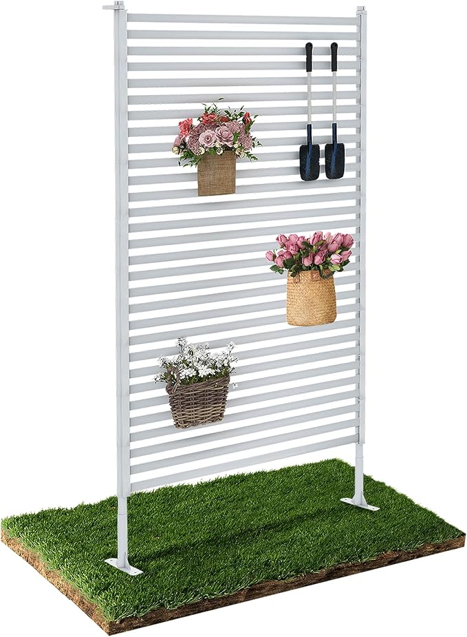 Outdoor Privacy Screen Fence with Feet Stand 3FT x 6FT, Freestanding Fence Privacy Screen for Outside, Metal Pipes and Slats Panels Divider Stake for Garden Patio Balcony Backyard White