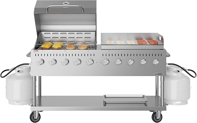 72 in. 10-Burner Commercial Outdoor Propane Gas Grill With 36 in. Roll Dome Cover and 36 in. Griddle in Stainless-Steel, ETL Listed (CGKIT7-D36G36)
