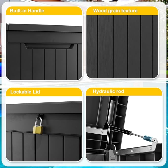 280 Gallon Large Deck Box,Resin Outdoor Storage Box with Lockable for Patio Furniture, Garden Tools Waterproof Outside Storage Box, Black