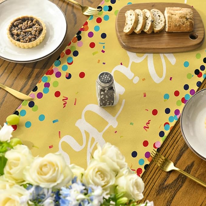 Artoid Mode Polka Dot Yellow Happy Birthday Table Runner, Seasonal Summer Kitchen Dining Table Decoration for Home Party Decor 13x72 Inch