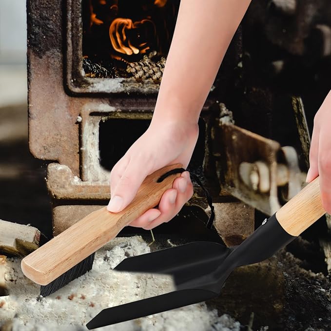 Ash Shovel & Hearth Brush Set - Fireplace Tools Set, Fire Pit Tools, Hearth Tidy Set, Metal Brush Pan Set Made of Natural Wood & Coco Bristles - Wider Scoop