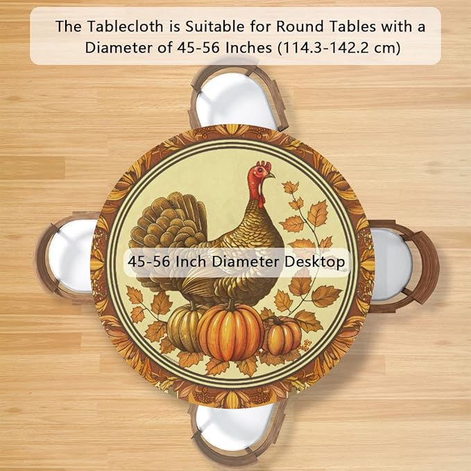 Thanksgiving Vintage Turkey Round Table Cloth Cover, Elastic Edge Waterproof Wipeable Tablecloths 45"-56" Polyester Tablecloth for Party Restaurant Banquet Holiday Camping Outdoor Picnic