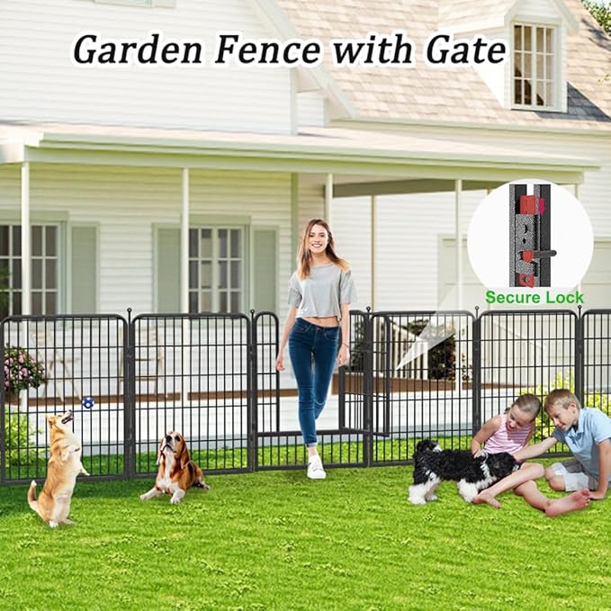 Garden Fence with Gate Metal Fencing Outdoor for Yard, 32in x37ft 16 Panels Outdoor Dog Fence Temporary Fence for Dogs Outside, Rustproof Garden Fencing Flower Bed Edging for Patio