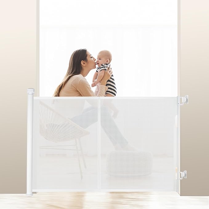 150 inches Retractable Baby Gate, 34 inches Tall Extra Wide Safety Gate for Large Hallways, Open Areas, Pet Zones, Durable Mesh Gate for Kids and Dogs, White