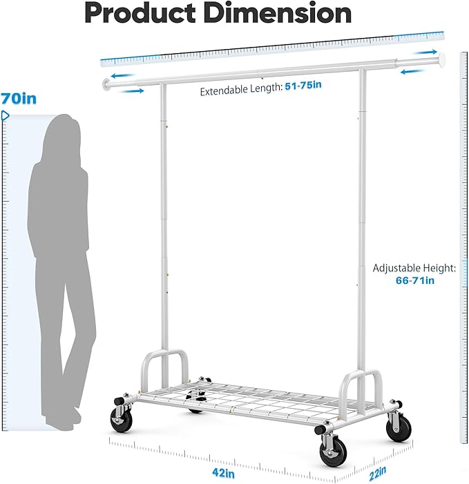 HOKEEPER Clothes Rack Collapsible Clothing Garment Rack Capacity 525LBS Clothing Racks on Wheels Heavy Duty Rolling Clothes Rack for Hanging Clothes for bedroom, Commercial, White 22"D x 75"W x 71"H