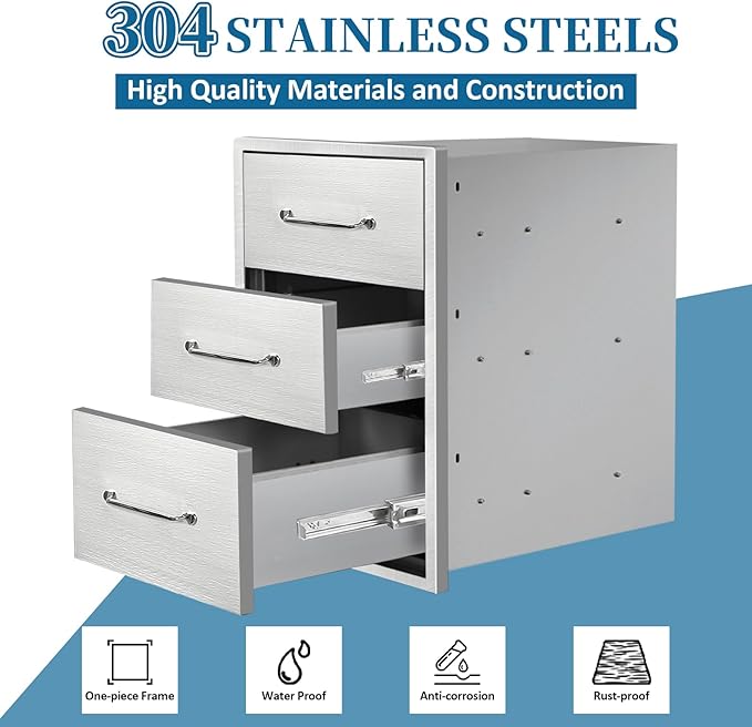 Outdoor Kitchen Drawers 15.7"Wx21.6"Hx17.7"D Flush Mount Access 3-Drawer BBQ Stainless Steel Drawers with Handle for Outdoor Kitchen Island or Grill Station