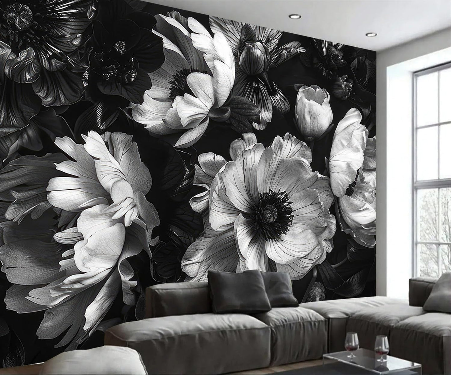 AFZEVEB-Black Peony Floral Wallpaper Vintage Large Flower Wall murals for Bedroom 136"x96"(Not Peel and Stick)