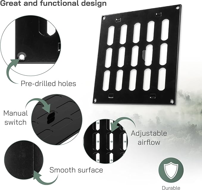 Vent Systems 8" x 8" Inch (Outer Dimensions) Metal Air Vent Grille - Black Adjustable Register Vent Cover - Open/Close Air Supply Intake Wall Vent - Heating/Cooling Ceiling Grille for House, Garage