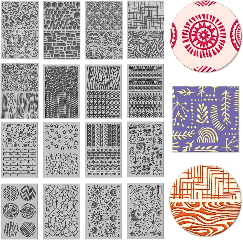 CHGCRAFT 16 Sheets 16 Styles Natural Knitted Texture Polymer Clay Texture Mat Sun Moon Stars Modeling Pattern Pad Bohemian Texture Sheets for Polymer Clay Making Earrings Jewerly Tools, 4×2.6 inch