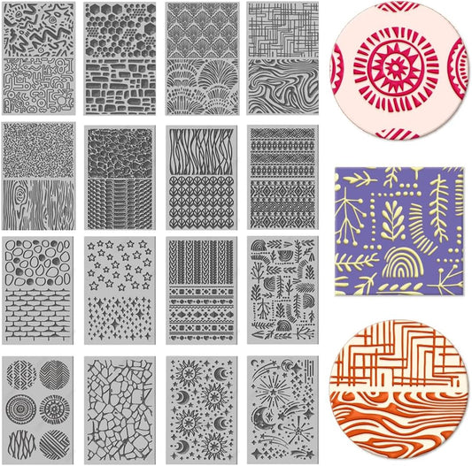 CHGCRAFT 16 Sheets 16 Styles Natural Knitted Texture Polymer Clay Texture Mat Sun Moon Stars Modeling Pattern Pad Bohemian Texture Sheets for Polymer Clay Making Earrings Jewerly Tools, 4×2.6 inch