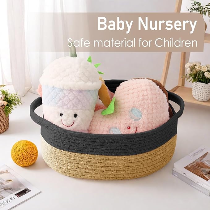 Woven Basket,Small Rope Storage Bin with Handles & Ribbon Bag, Organizer for Shelves Closets,Gift Basket Empty for Birthday,Books,Dog Toys, Black&Jute/3 Pack