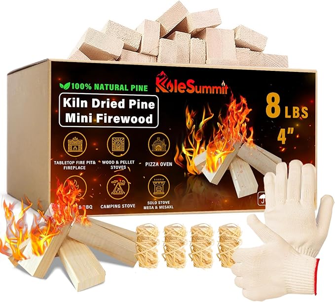 Mini Fire Stick with Fire Starters Gloves 4" Kiln Dried Pine Small Barkless Kindling Logs Compatible with Wood Stoves, Tabletop Fire Pits, BBQ Grills & Pizza Ovens, 8 lb Box