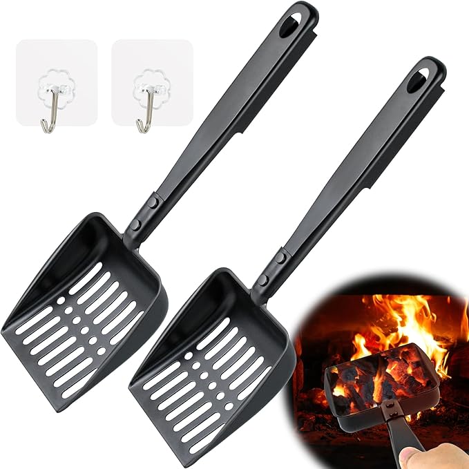 2PCS Hollow Out Fireplace Ash Sifter, 13 Inch Metal Black Coal Shovel Heat Resistant Fireplace Scoop Charcoal Shovels Fireplaces Tools with Self-Adhesive Hook for Wood Stove Indoor Fire Pit