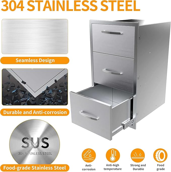 BBQ Outdoor Kitchen Drawers Stainless Steel 3-Drawer BBQ Drawer Enclosed Built-in Drawer Flush Mount for Outdoor Kitchens & BBQ Islands,17Wx30Hx21D Inch
