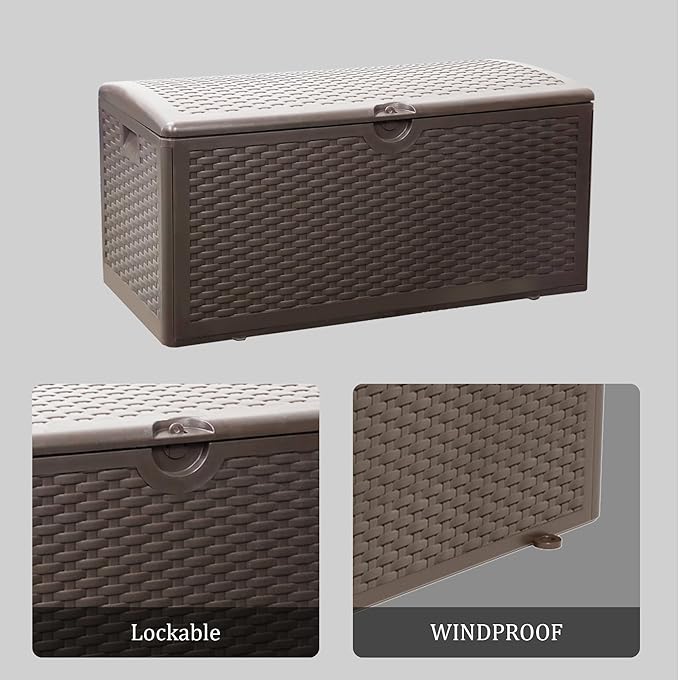 80 Plus Gallon Resin Deck Box, Waterproof Outdoor Storage Box for Patio, Poolside, and Garden, Lockable UV-Resistant Storage Bin Bench Cabinet for Small Spaces, Brown