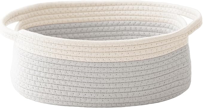 Woven Basket,Small Rope Storage Bin with Handles & Ribbon Bag, Organizer for Shelves Closets,Gift Basket Empty for Birthday,Books,Dog Toys, White&Grey