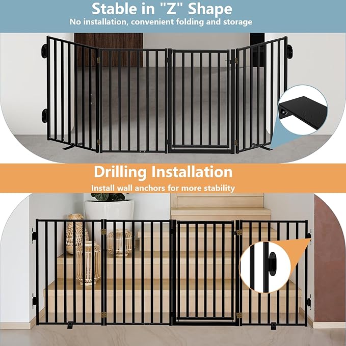 Full Metal Freestanding Dog Gates with Door, 32" Height Dog Fences for Indoor & Outdoor, Extra Wide Foldable Pet Gates for Stairs, Hallways, Doorways, Yard (4 Panels, 80" W × 36" H)