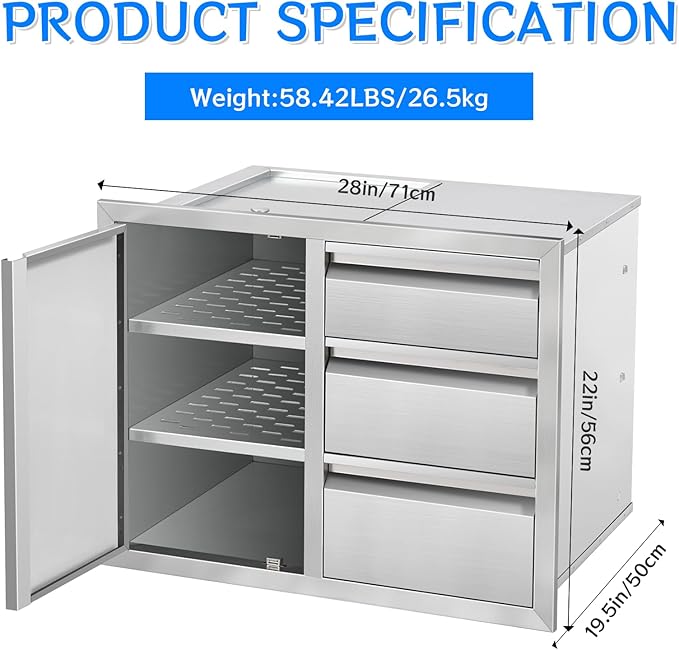 Outdoor Kitchen Drawer Combo Cabinet, Stainless Steel Triple Drawers with Integrated Access Door, 28" W x 22" H x 19.5" D Outdoor Built-in Cabinet for BBQ Island Grill Stations