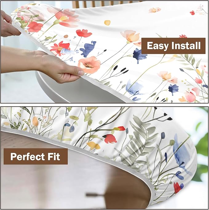 Spring Summer Floral Round Fitted Tablecloth with Elastic Watercolor Farmhouse Wildflower Circle Table Cloth for 44-48" Tables Wipeable Waterproof Easter Flower Table Cover for Picnic Dining Outdoor