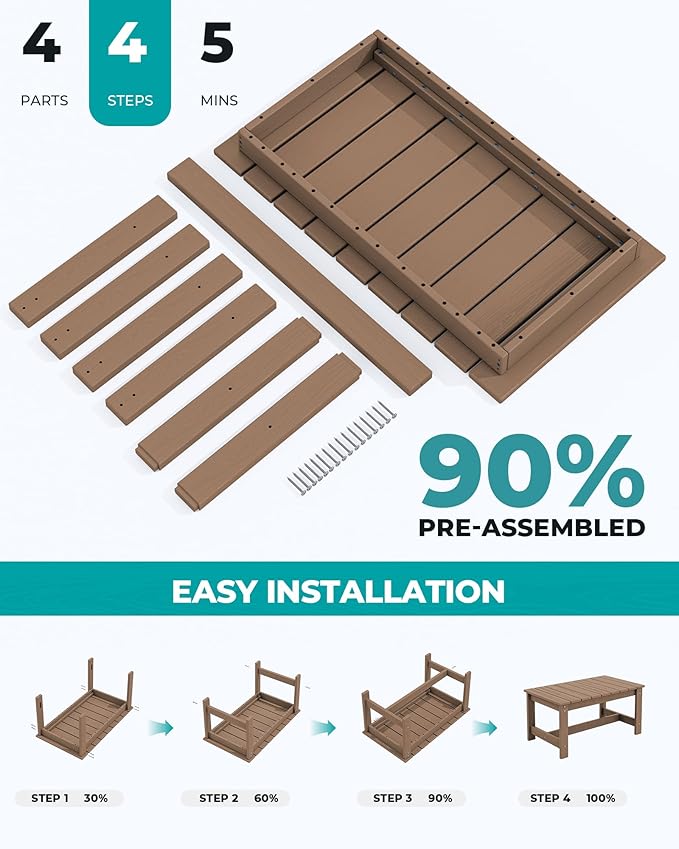 SERWALL Patio Coffee Table, HDPE Rectangle Outdoor Coffee Table Set of 2, Brown