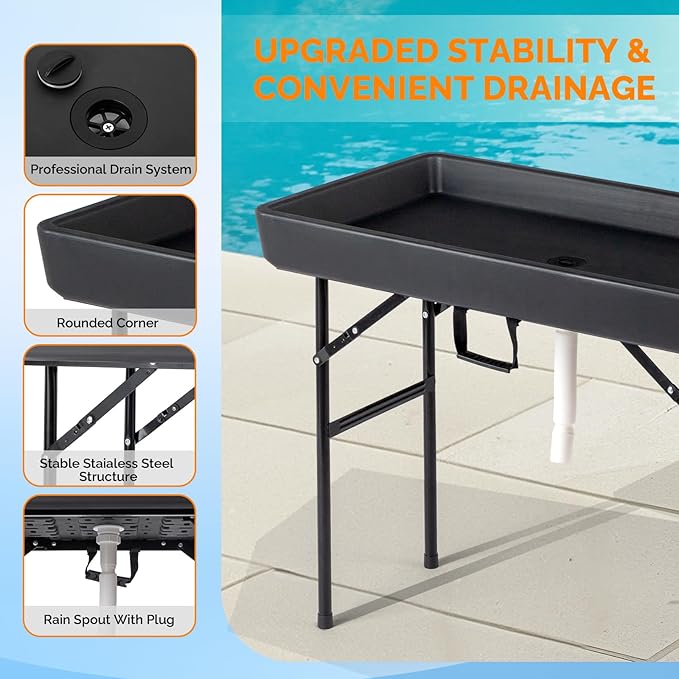 VINGLI Ice Table with Side Table, Portasble Cooler Table with Removable Skirt, Patio Table, Indoor & Outdoor Bar for Events, Parties and Camping Black