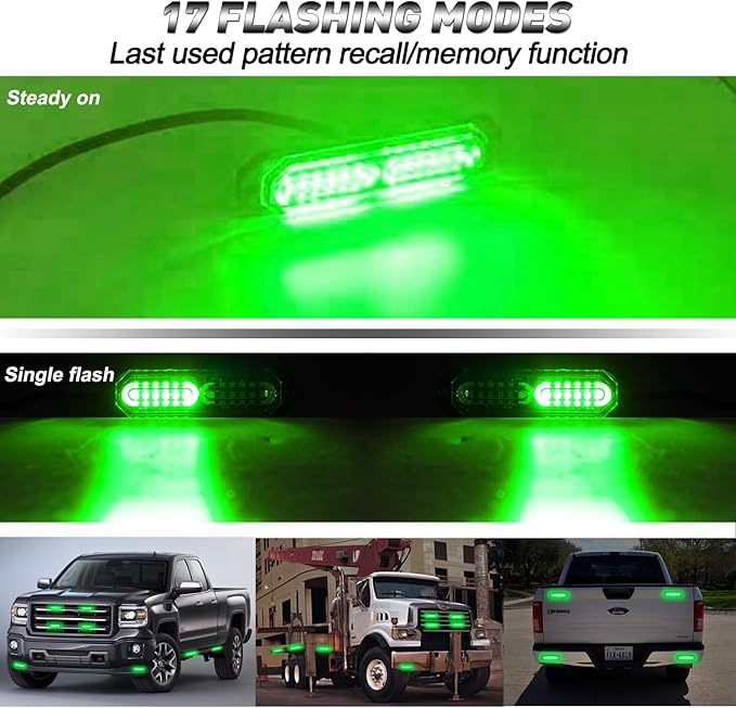 ASPL 8pcs Sync Feature Ultra Slim 12-LED Surface Mount Flashing Strobe Lights for Truck Car Vehicle LED Mini Grille Light Head Emergency Beacon Hazard Warning Lights (Green)