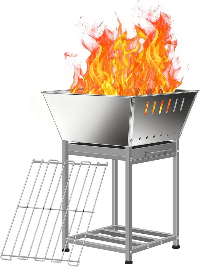 Stainless Steel Inch Square Wood Fire Pit with Grill, 2-in-1 Outdoor Firepit with Ash Pan and Wood Storage, Portable for Backyard, Patio, Camping Use
