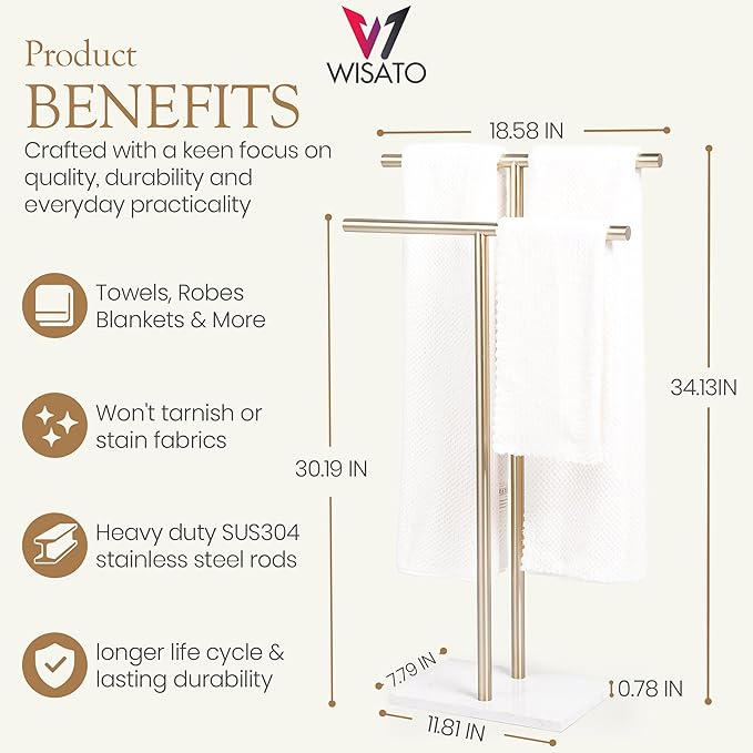 Free Standing Towel Rack for Bathroom - Satin Gold Finish - Stand Alone 2 Tier Stainless Steel Towel Rack for Bathroom Floor with Heavy Marble Base, Double T Shape Drying Stand for Towels