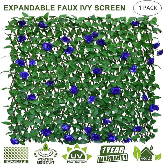 Expandable Fence Privacy Screen for Balcony Patio Outdoor,Decorative Faux Ivy Fencing Panel,Artificial Hedges (Single Sided Leaves) (1, Blue Flowers)