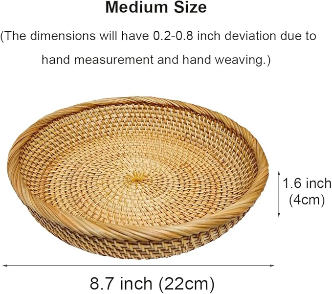 RT&BS Round Rattan Tray, Natural Rattan Decorative Tray, Christmas Food Tray, Handwoven Serving Baskets for Breakfast, Drinks, Snacks (M, Ø8.7 * 1.6'')