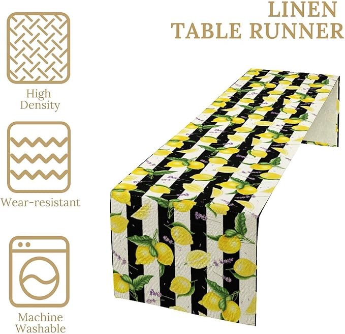 Farmhouse Lemon Fruit Table Runner Nature Aesthetic Black White Stripe Flowers Plant Dining Table Decoration for Home Holiday Party Dresser Kitchen Cabin Restaurant Wedding Decor 13×108in