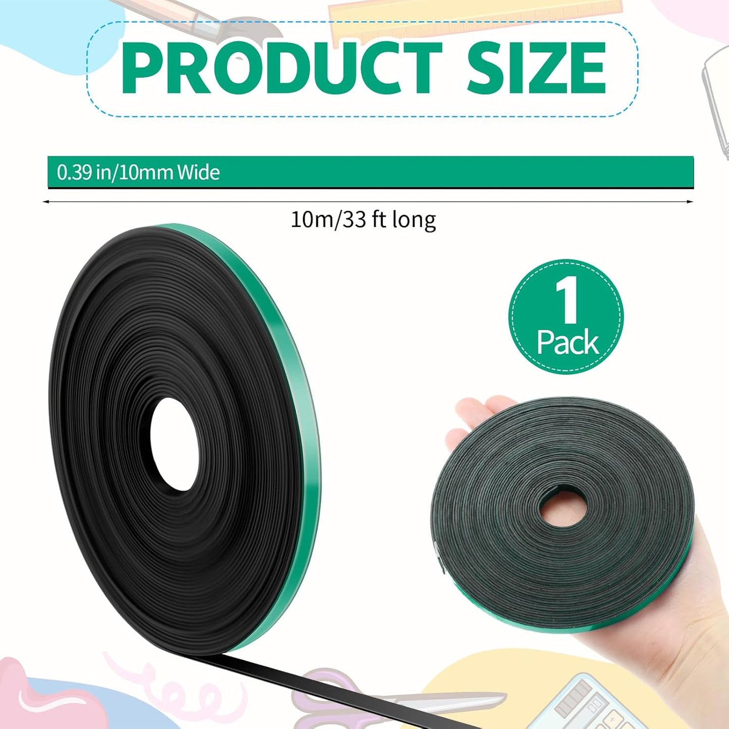 Magnetic Tape Roll Thin Strips, 0.39 Inch x 33 Feet Magnetic Board Dividers Whiteboard Graphic Decorative Tape Marking Line for Classroom Office Art Accessories(Green)