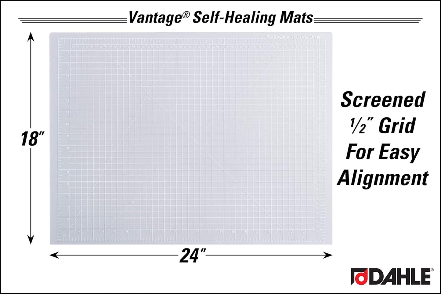 Dahle Vantage 10682 See-Through Premium Self-Healing Cutting Mat, 18"x24", 1/2" Grid, 5 Layers for Max Healing, Perfect for Crafts & Sewing, Clear